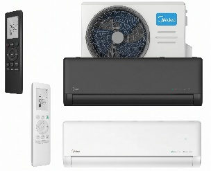 Midea Solstice EZ — baltais un melnais iekštelpu bloks, āra bloks un vadības pultis